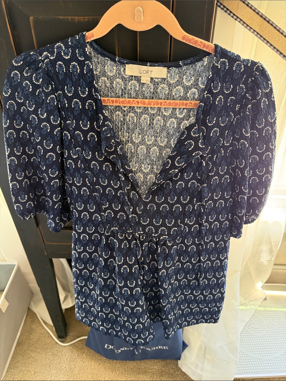 LOFT Navy and White Printed V-Neck Short Sleeve Blouse
